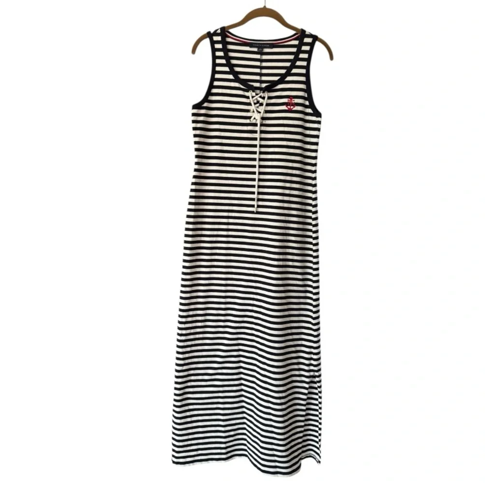 Tommy Hilfiger Navy Blue White Striped Maxi Dress Tank Dress Cotton Nautical Sm